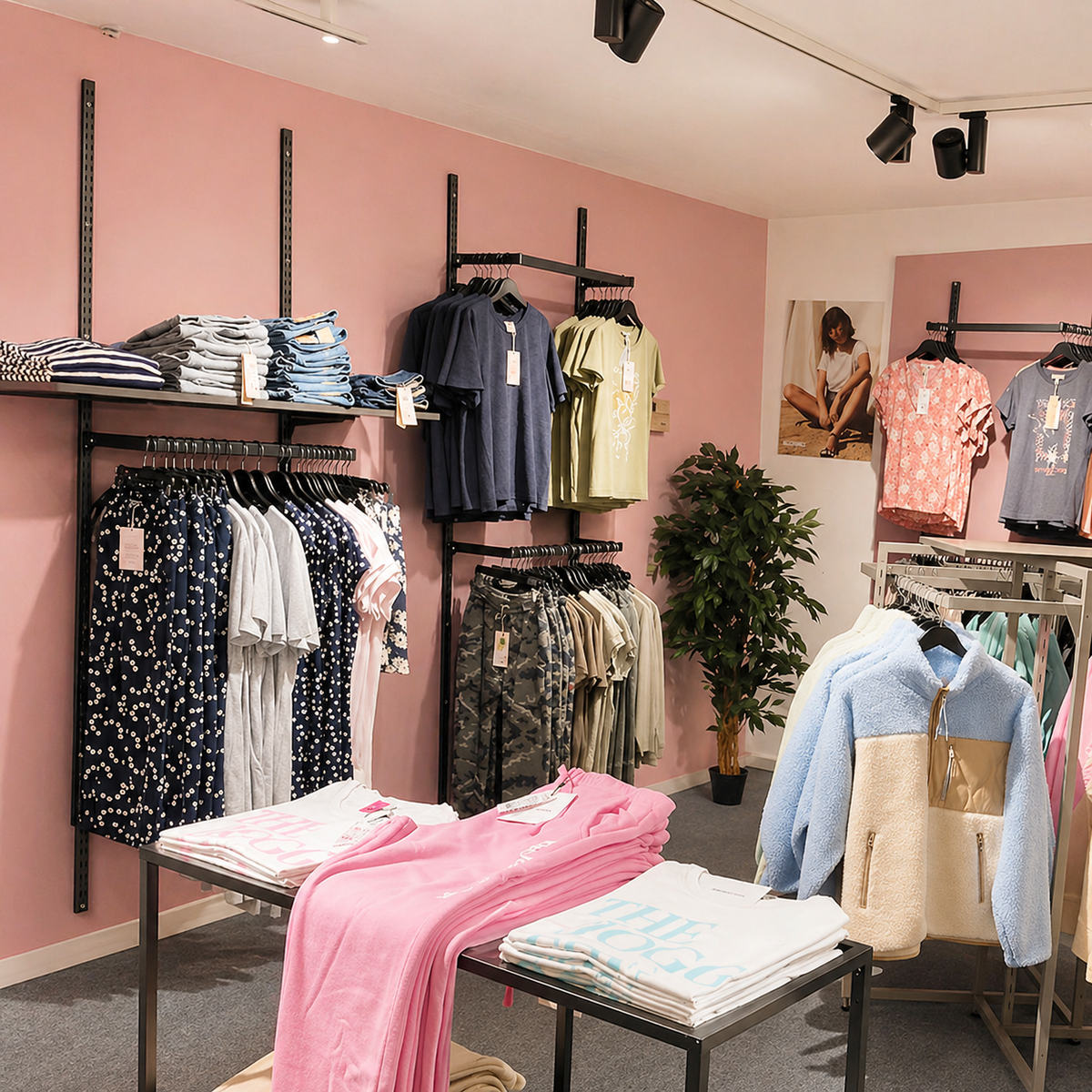 Butik med lyserøde vægge og sorte vægskinner med hylder og bøjlestænger med tøj