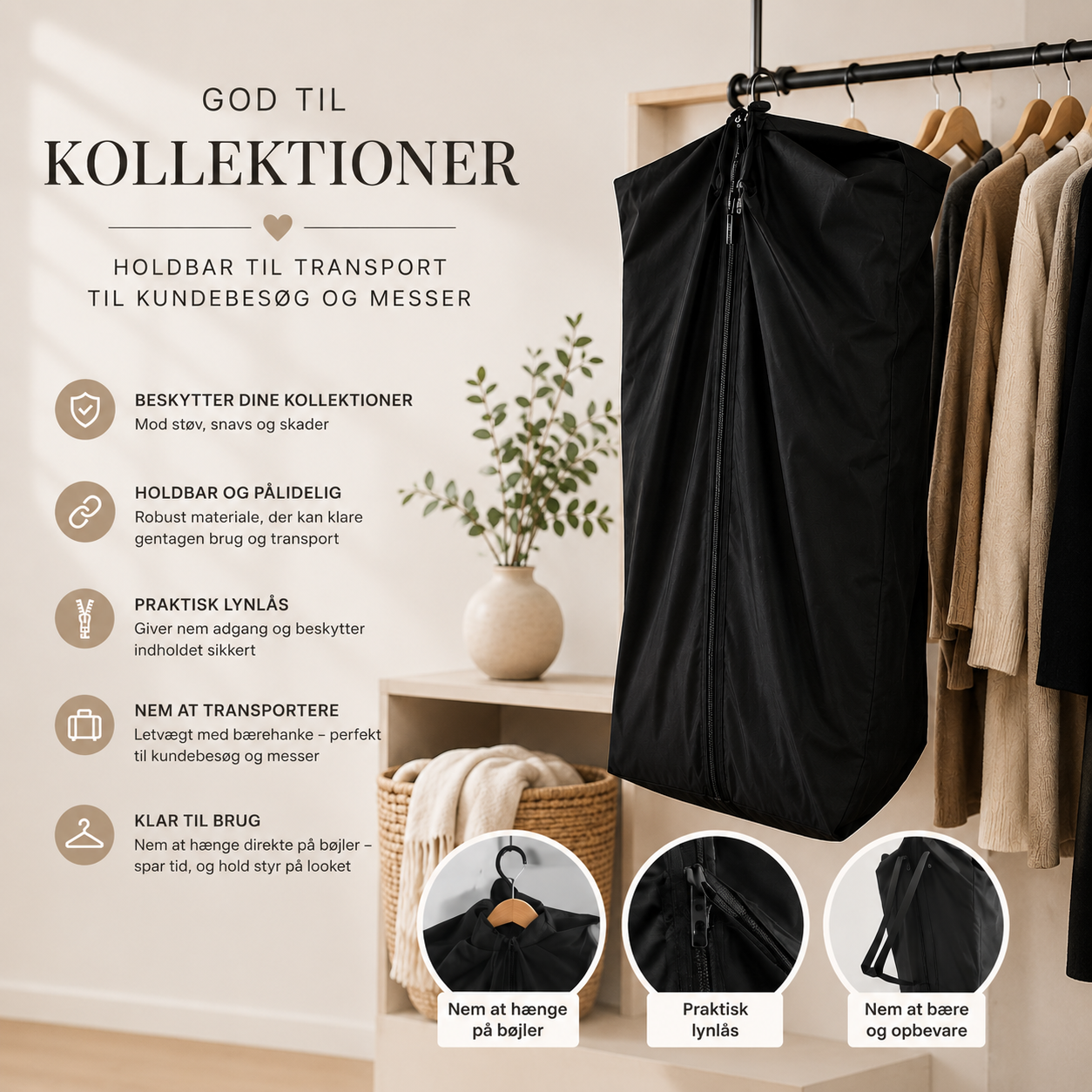 Kollektionsposer i sort bomuld med snørrelukning og kuffertlukning til tøj på bøjler