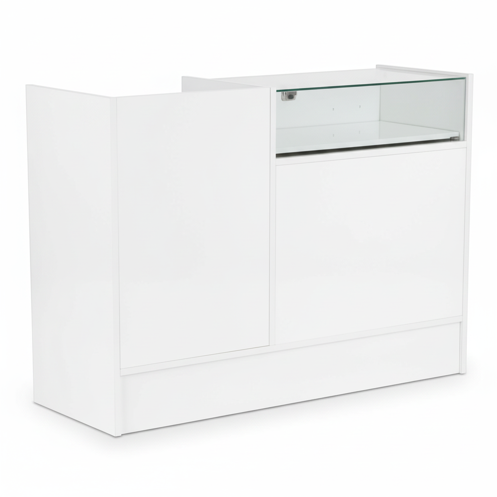 Slimline Disk, kombimodul, við glerplátu, inkl. 1 uttrekksskúffa, lítla skuffa og 2 rúm við 1 hyllu hvørt, hvítur, H96 x B120 x D46 cm
