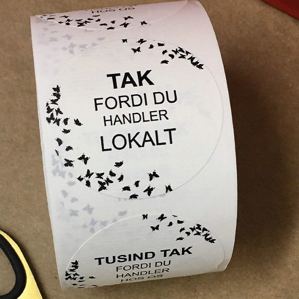 Rund etikett, handlar lokalt TAK. 500 stk.