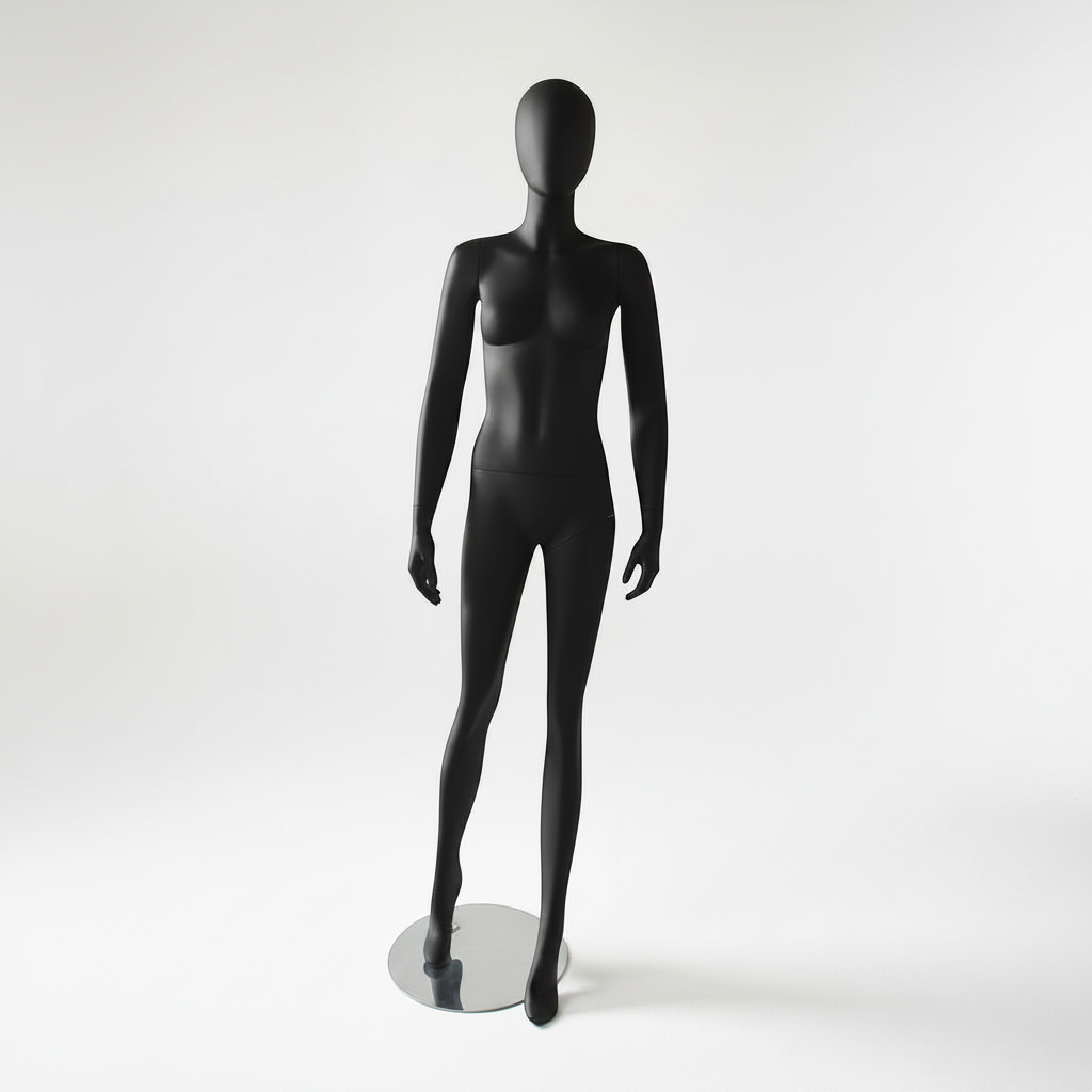 1300 Faceless kvinnu-mannekjin. Svart við høvdi (egg). Rundur metall-fótur. H 180 cm. Modell A