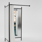 2-síðugt prøvarúm. Set við svørtum rammi, inkl. 1 hvít gardína, pláta í hvítum. B 100 x D100 x H 210 cm.