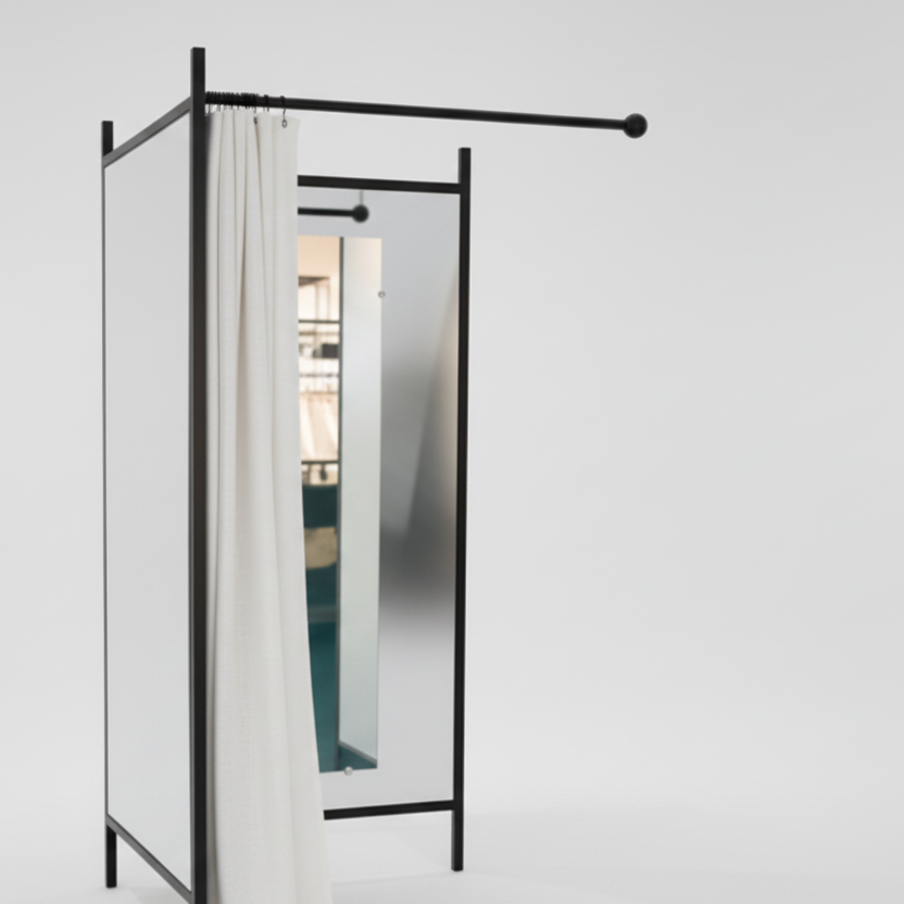 2-síðugt prøvarúm. Set við svørtum rammi, inkl. 1 hvít gardína, pláta í hvítum. B 100 x D100 x H 210 cm.