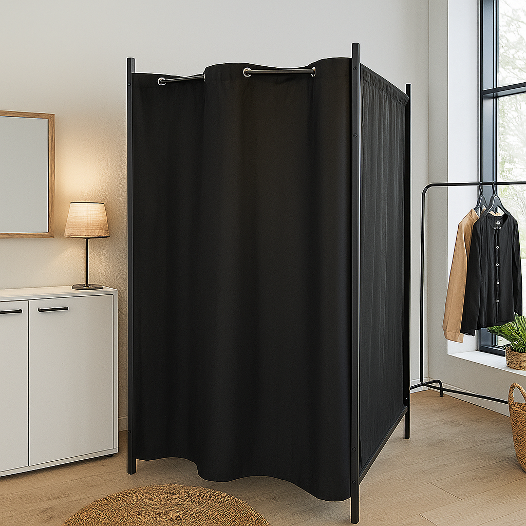 Gardinflókar til 100 cm gardinstong við ringi Ø 3cm, svørt, B135 x H193 cm.