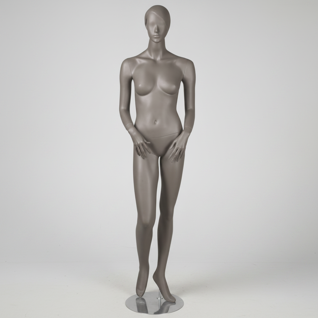 1400 kvinnumodell. Grár, mattur við høvdi, andliti og skaptum hári. H 178 cm. Hendur frammanfyri