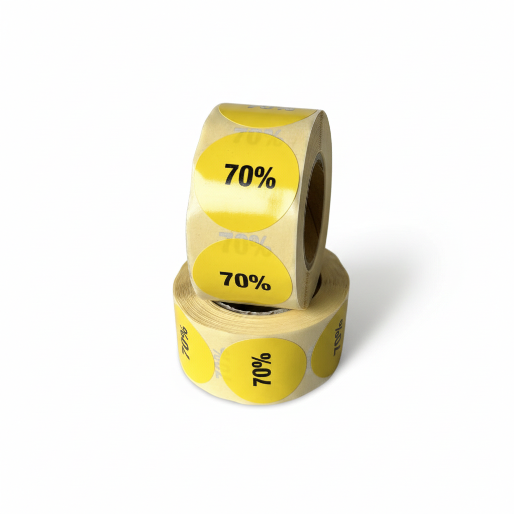 Gul avsláttarklistramerki 70%. Rulla við 500 stk. Ø 30 mm.