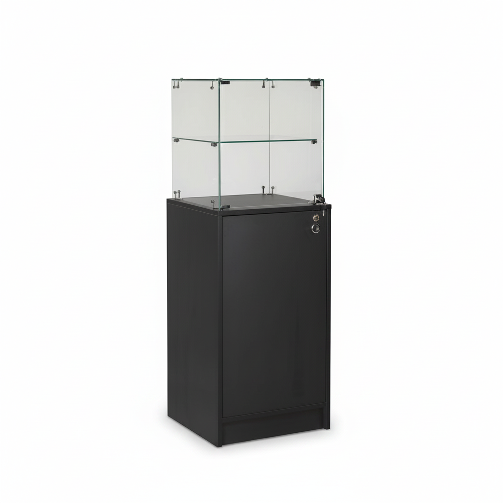 Slimline vitrina við undirskápi. Lás í vitrinu og skápi, svørt, B46 x D46 x H148