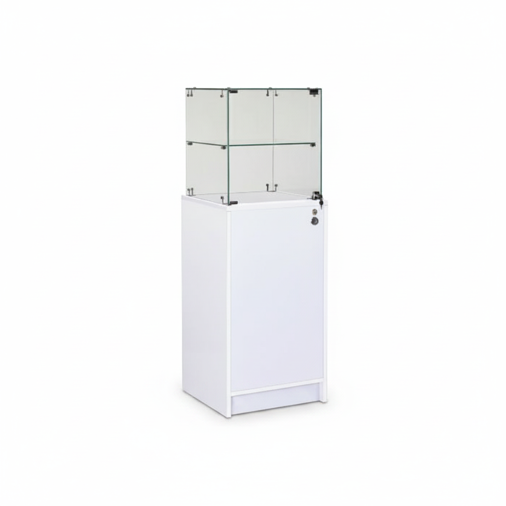 Slimline vitrinu við undirskápi. Lás í vitrinu og skápi, hvítur, B46 x D46 x H148