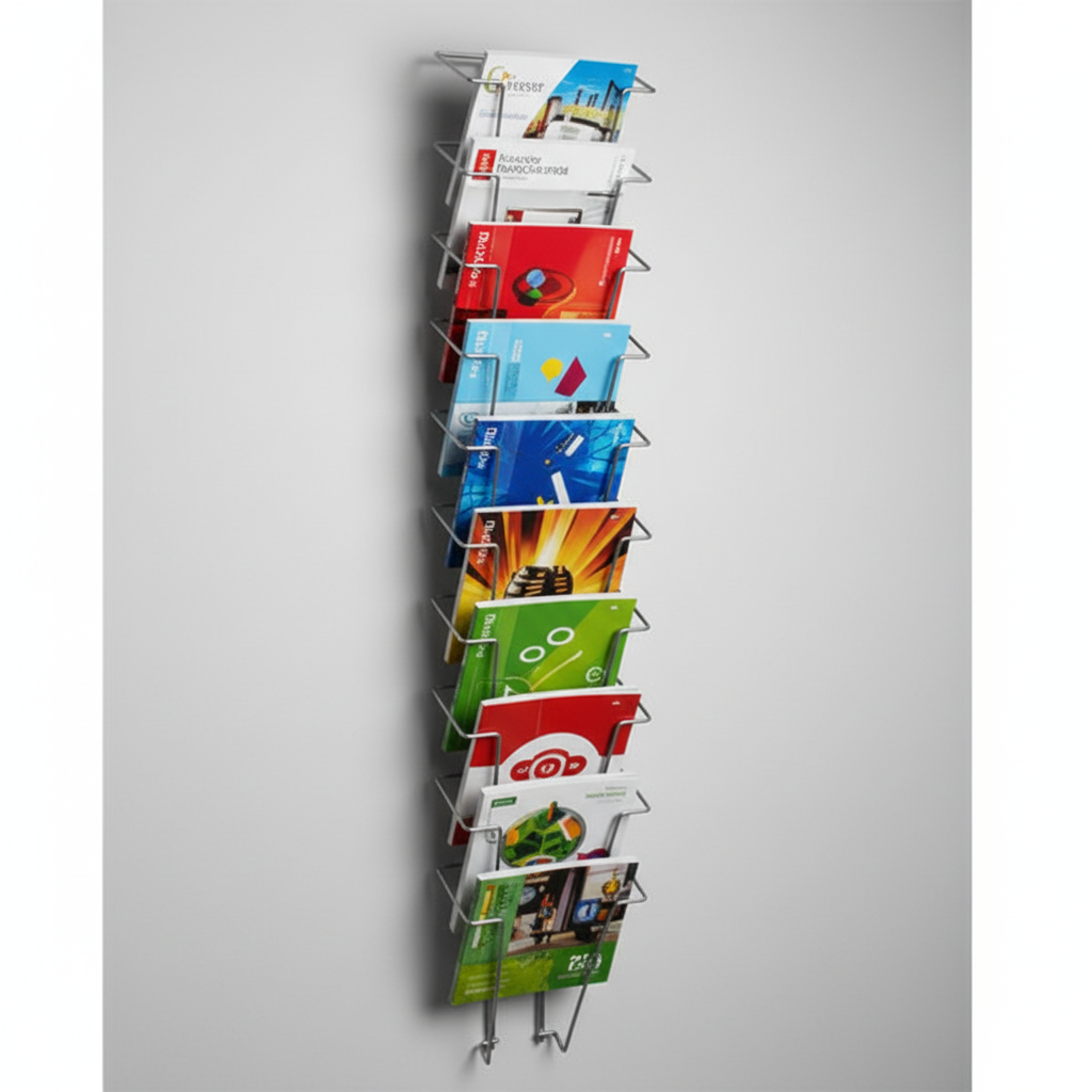 Brosjyreholder til vegg, A5, 9 rom, aluminium, 16,5 x H78 cm.