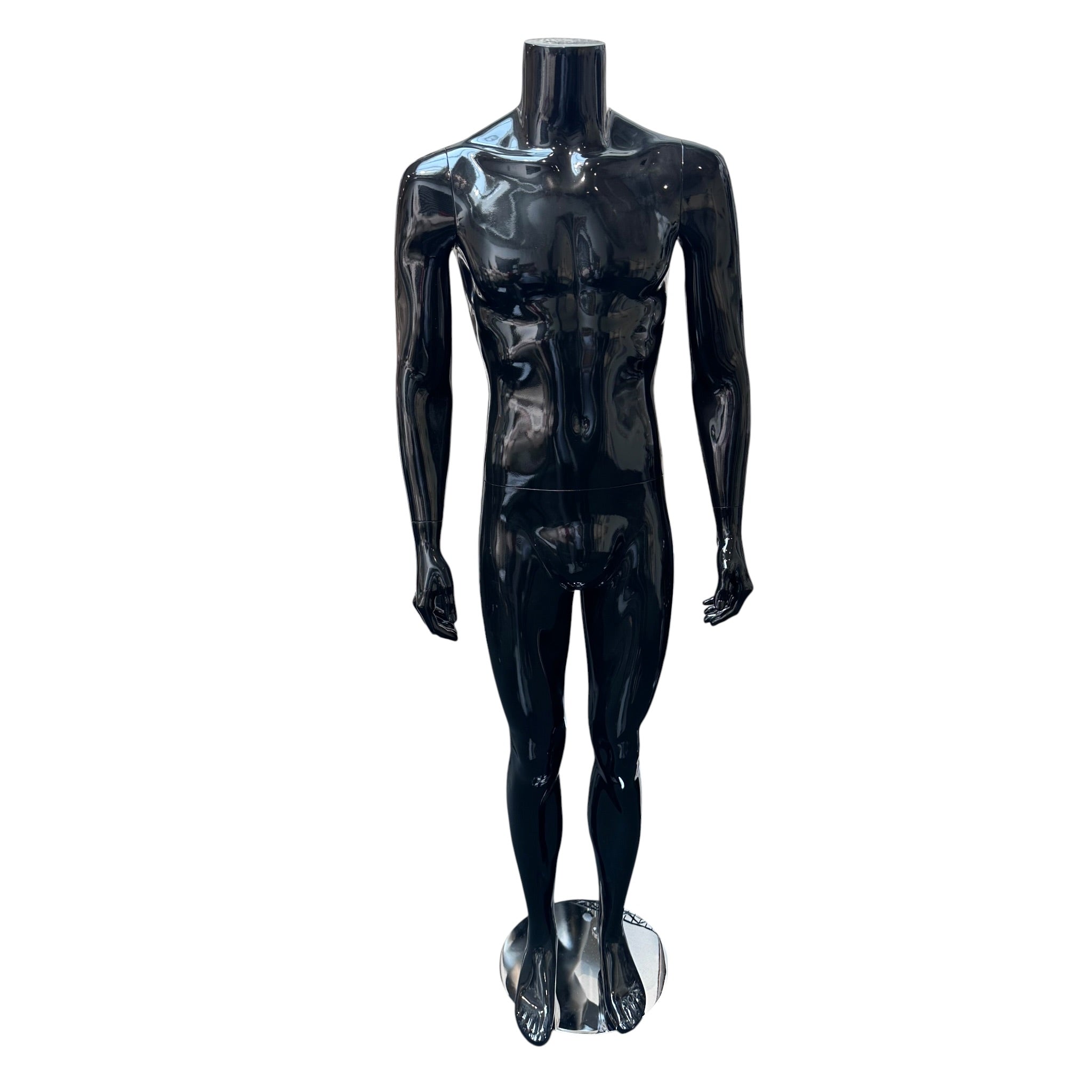 Familju mansmannekin. Svørt høgglans uttan høvud. Rund føtur í gleri. H175 cm. Modell B - stendur rætt