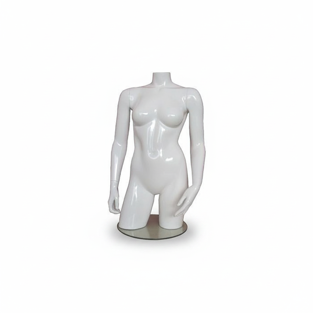 Kvinntorso úr glasfibera. Hvítur high gloss uttan høvund. Torso við høftum. Á fótplátu.