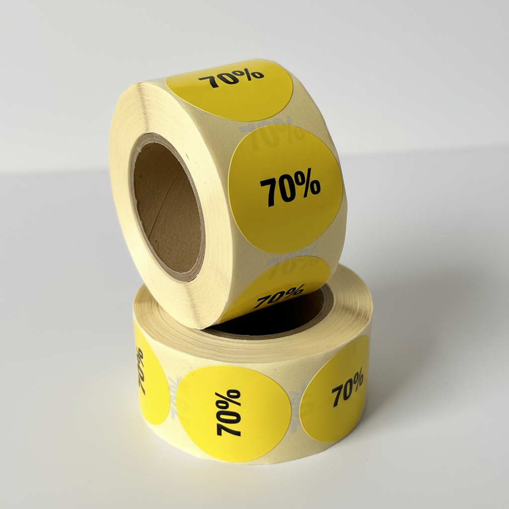 Gul avsláttarklistramerki 70%. Rulla við 500 stk. Ø 30 mm.