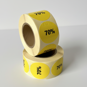 Gult avsláttarmerki, 70%. Rulla við 500 stk. Ø 30 mm.