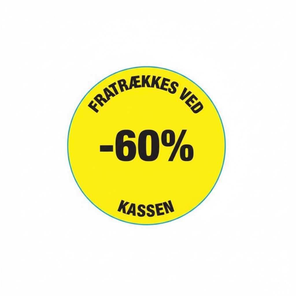 Gul rabatmerkjari 60%. Rulla við 500 stk. Ø 30 mm.
