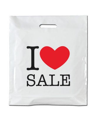 Plastpose med I LOVE SALE tryk til udsalg