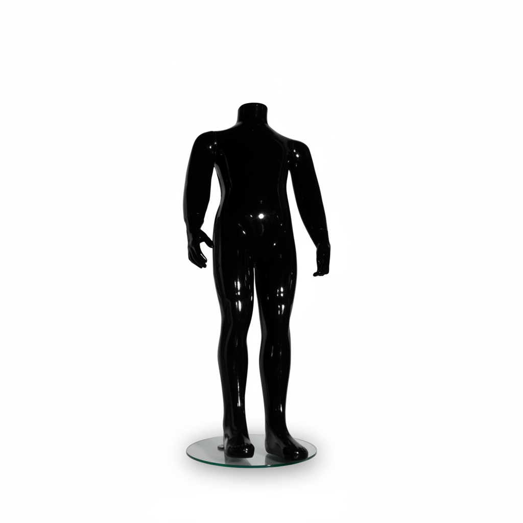 Familju barna mannequin. Svart høggloss. 4-6 ár. H 90 cm. Rund glashætta fótpallur
