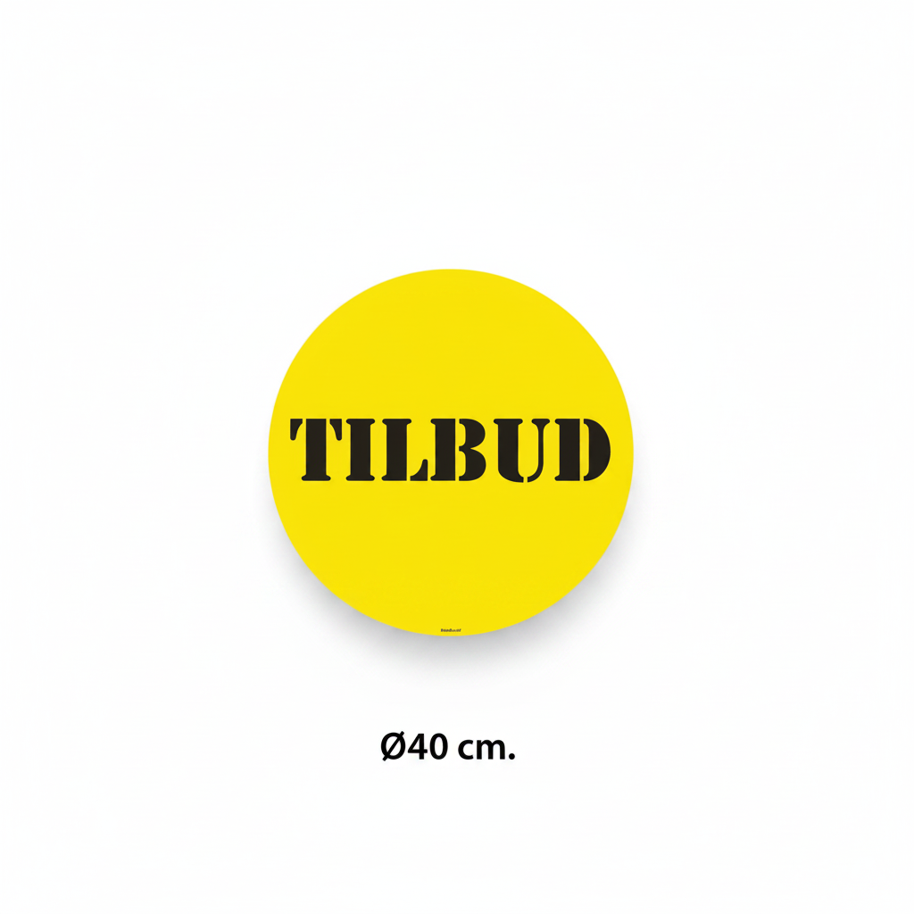 Plakat við tekstinum TILBUD – Ø40 cm.
