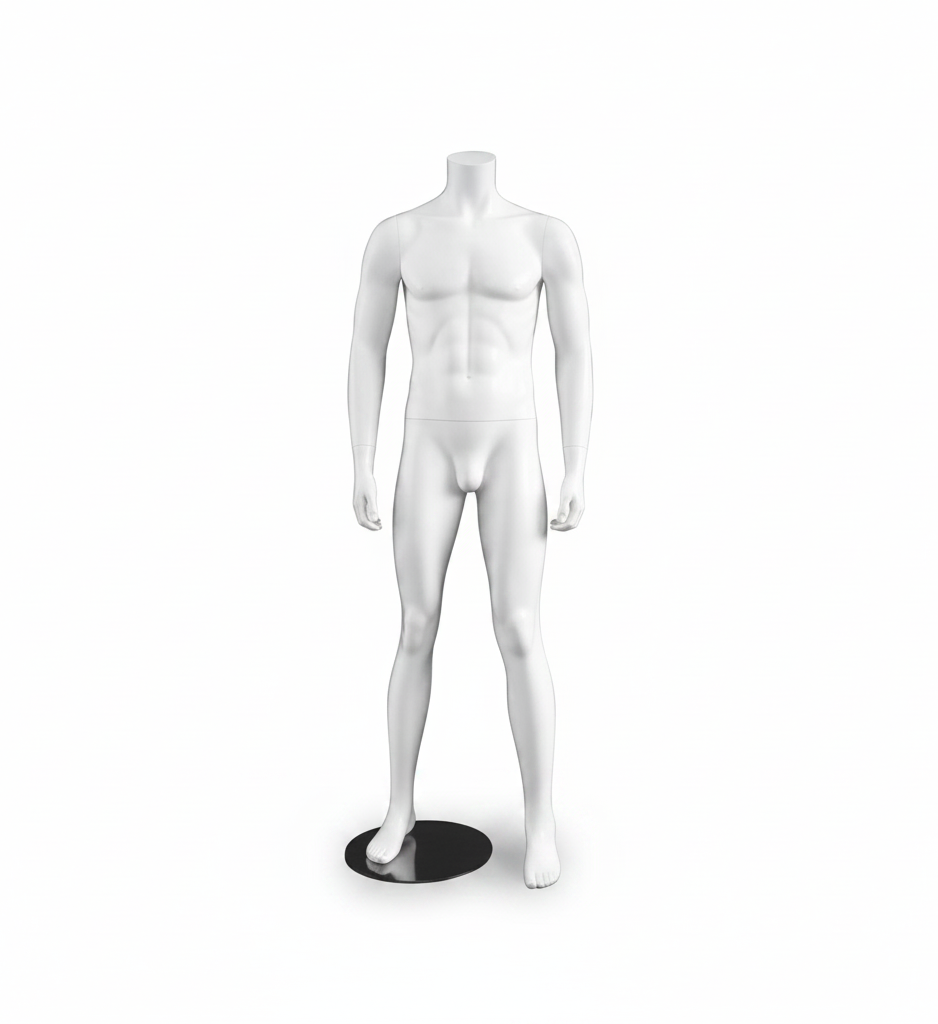 3000 manskapsmannekinn. Hvítur uttan høvud. Rundur metalfótur. H 175 cm. Model A, stendur við spjadd bein
