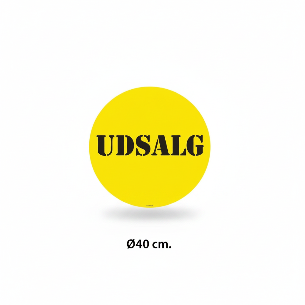 Plakat við tekstinum UDSALG – Ø40 cm.