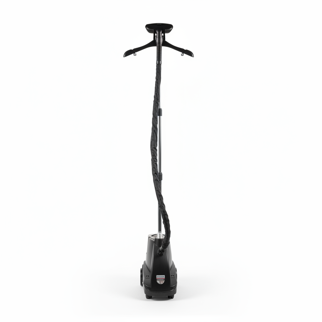 Sort Steamer Standard med teleskopstang og bøjleholder, set forfra