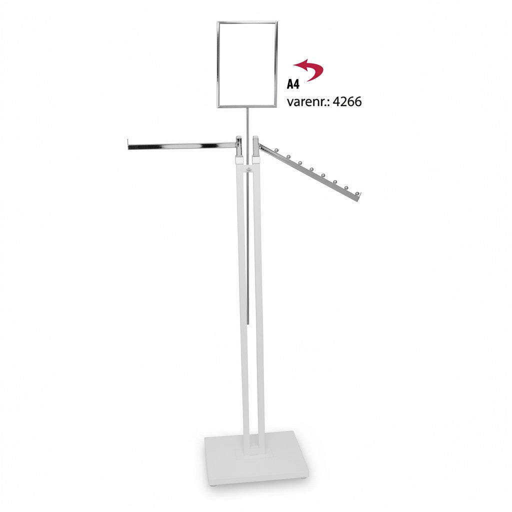 Joystevna, 1 bein og 1 skákarmur í króm, hæddarfyrireing, við støðufótum, hvítt stativ, 80 x 39 cm, H125-195 cm