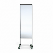 SuperSellerS double-sided floor mirror in black with a rolling stand on four wheels against a white background.