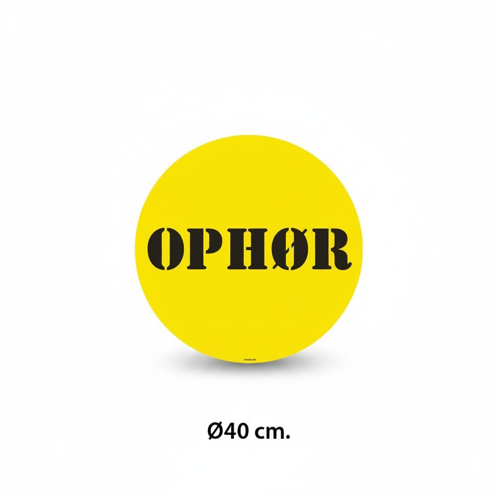 Plakat við tekstinum OPHØR – Ø40 cm.