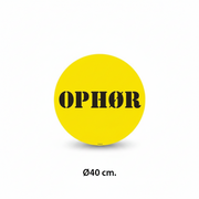 Plakat við tekstinum OPHØR – Ø40 cm.