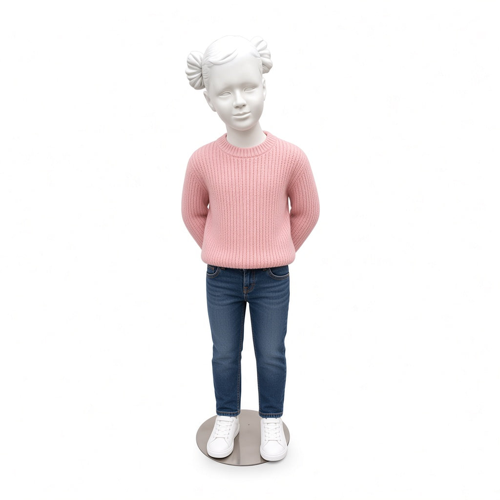 Pige børnemannequin 7-8 år med skulptureret hår, vist med tøj