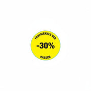 Gul avsláttarmiða límmerki 30%. Rulla við 500 stk. Ø 30 mm.