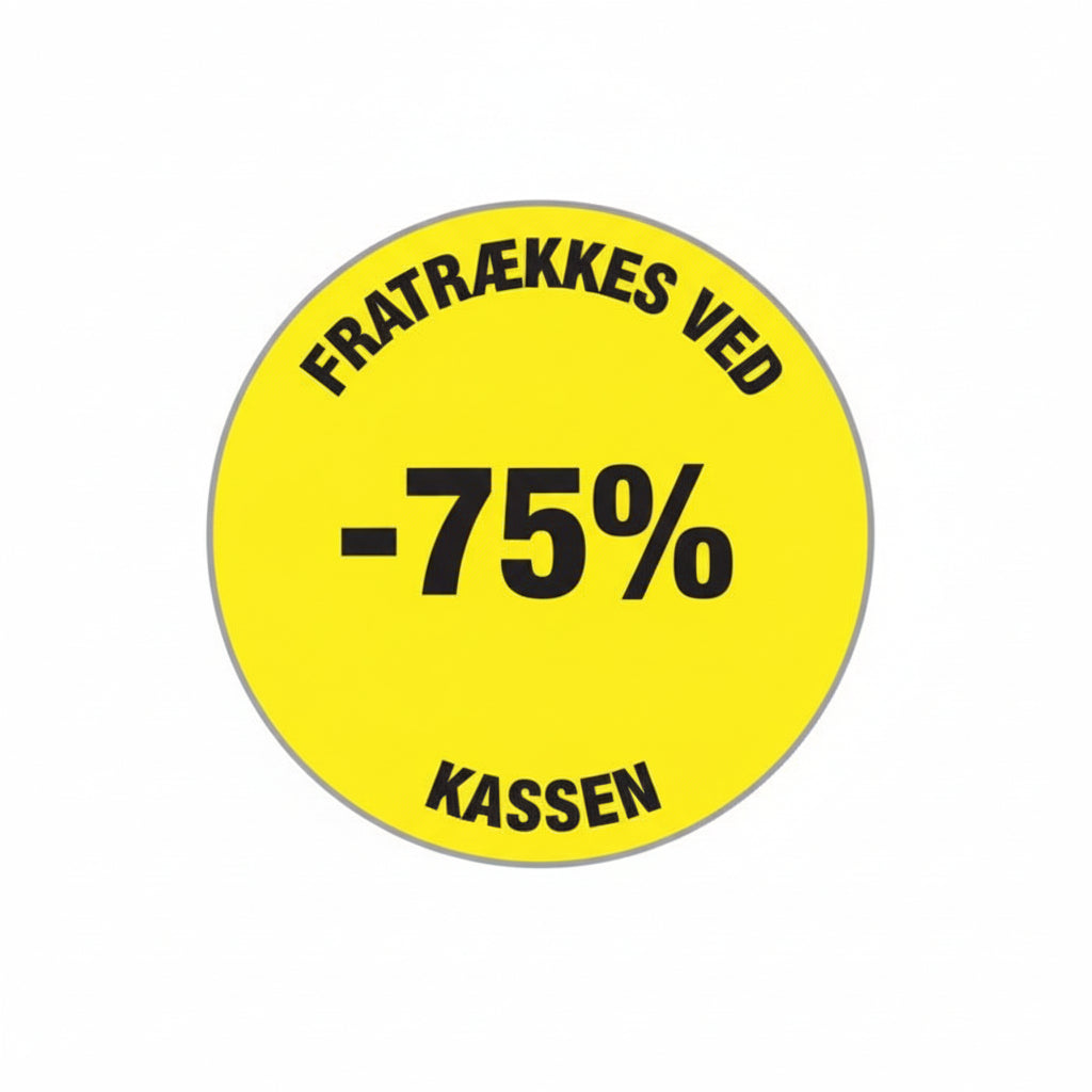 Gul rabatmerkimiði 75%. Rulla við 500 stk. Ø 30 mm.