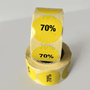 Gul avsláttarklistramerki 70%. Rulla við 500 stk. Ø 30 mm.