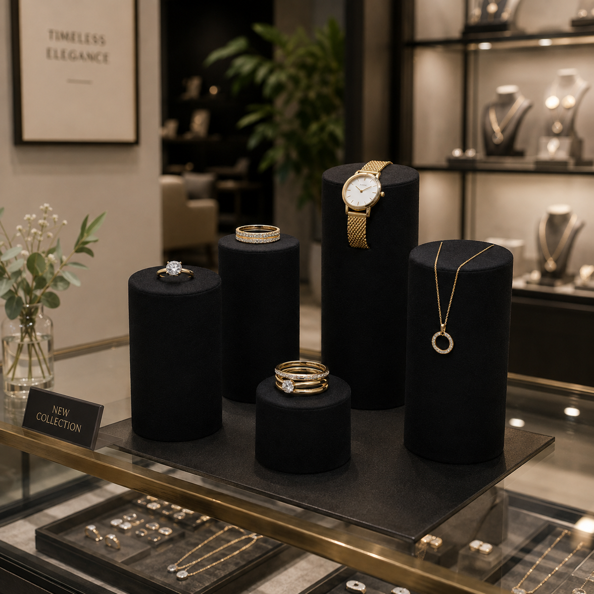 Smykkidisplay. Set við 5 sylindurformaðum smykkidisplayum í svørtum Flock.