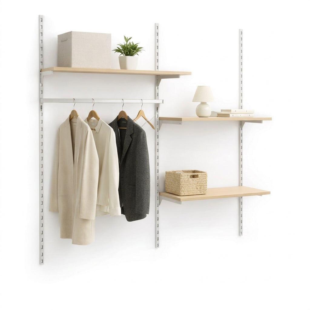 Veggsett við hvítum Framework-skinnum, hillum úr bók og stong til akslatrø. Mát: umleið 185 x H244 cm. Sum víst. Durur, klædnarúm og walk-in.