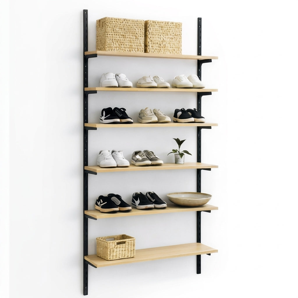 Veggsett við svørtum Framework-skinnum og hillum úr ahorni. Mát: umleið 94 x H244 cm. Sum víst. Hillavørur, skógvar, matvørugoymsla, neyðgoymsla og onnur goymsla