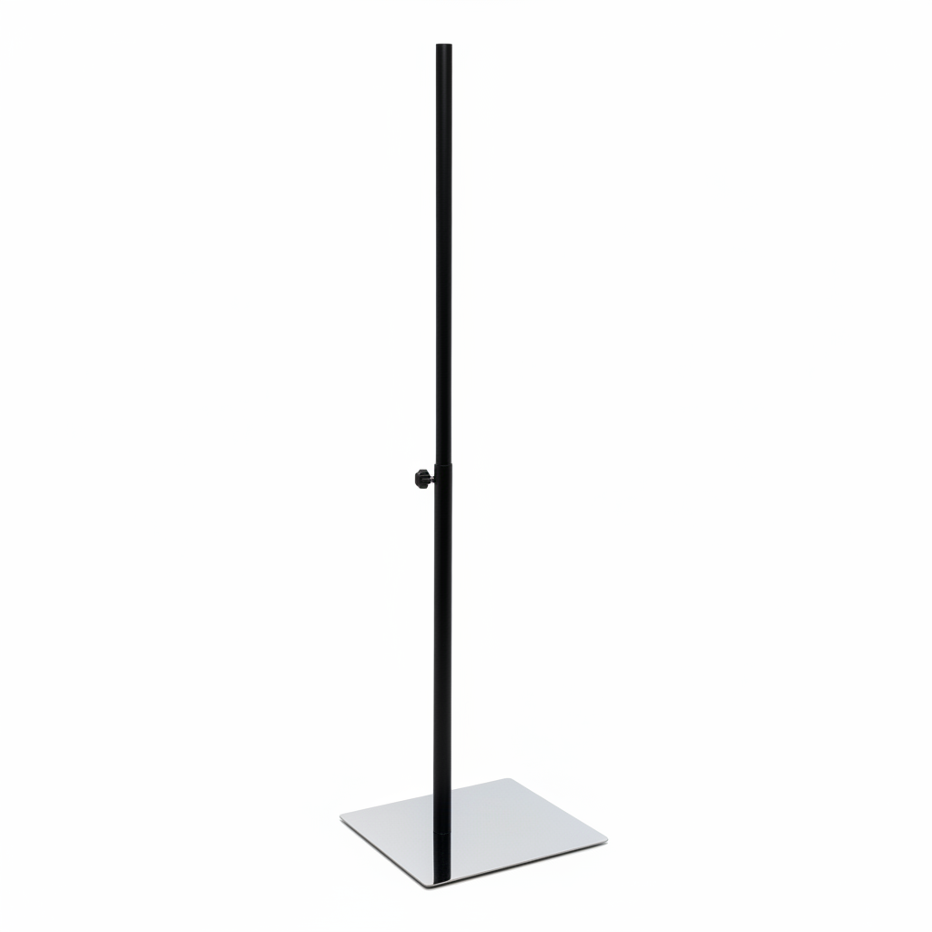 Fótpláta av metal 28,5 x 33 cm, krom, við teleskopstong, H70-116 cm, Ø 25 mm, svart.