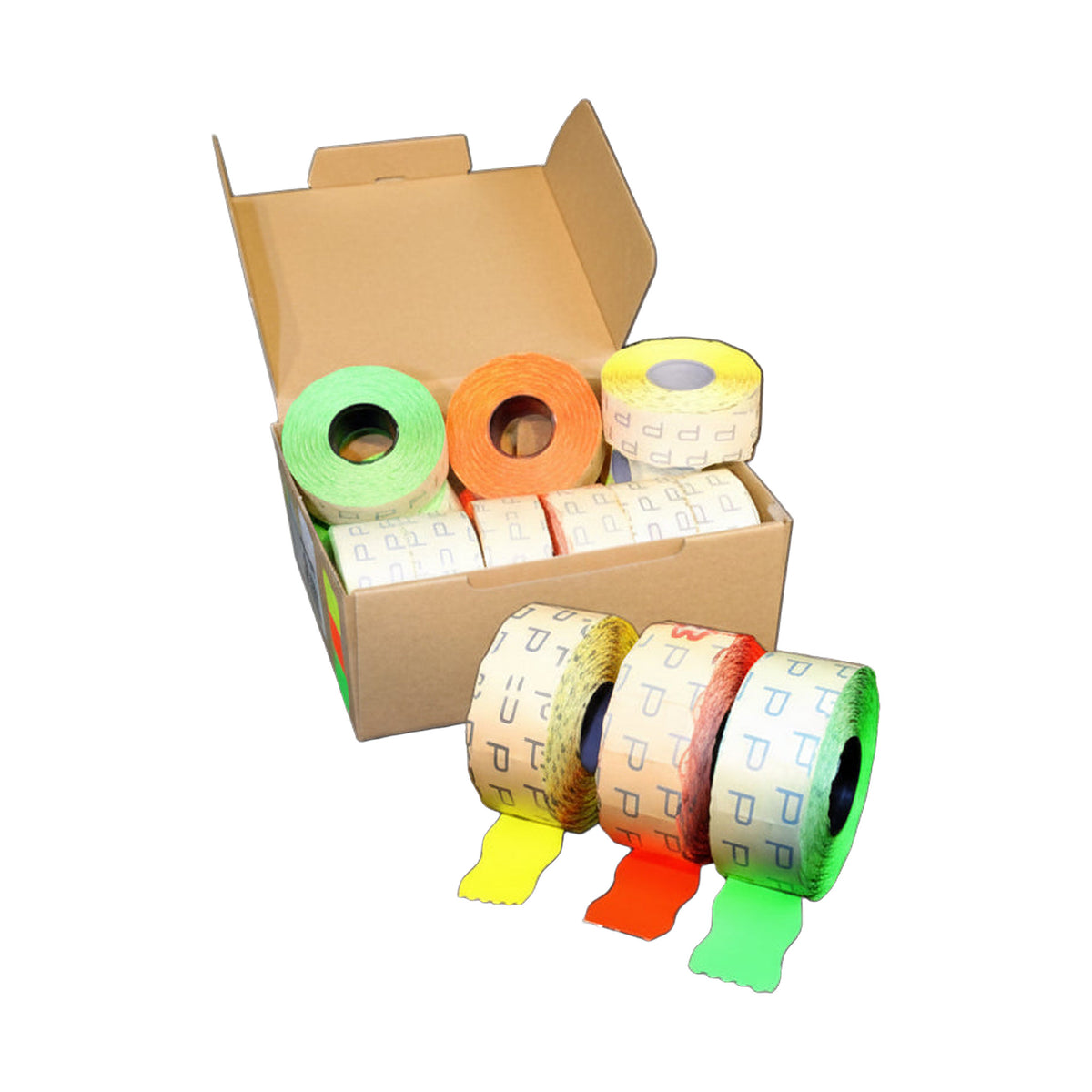 Æske m/ prisetiketter 2 linjer - 4 neonfarver. 26 x 16 mm