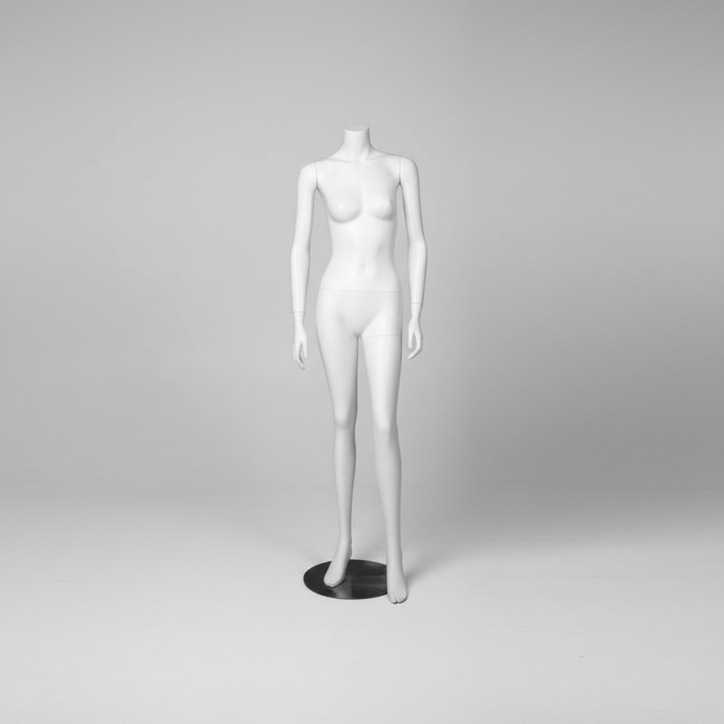 3000 kvinnumannakin. Hvít uttan hövud. Rundur metallfótur. H 162 cm.