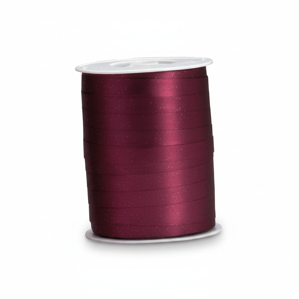 Bordeaux gávuband við møttum metallglansi, 10 mm, rulla við 250 m
