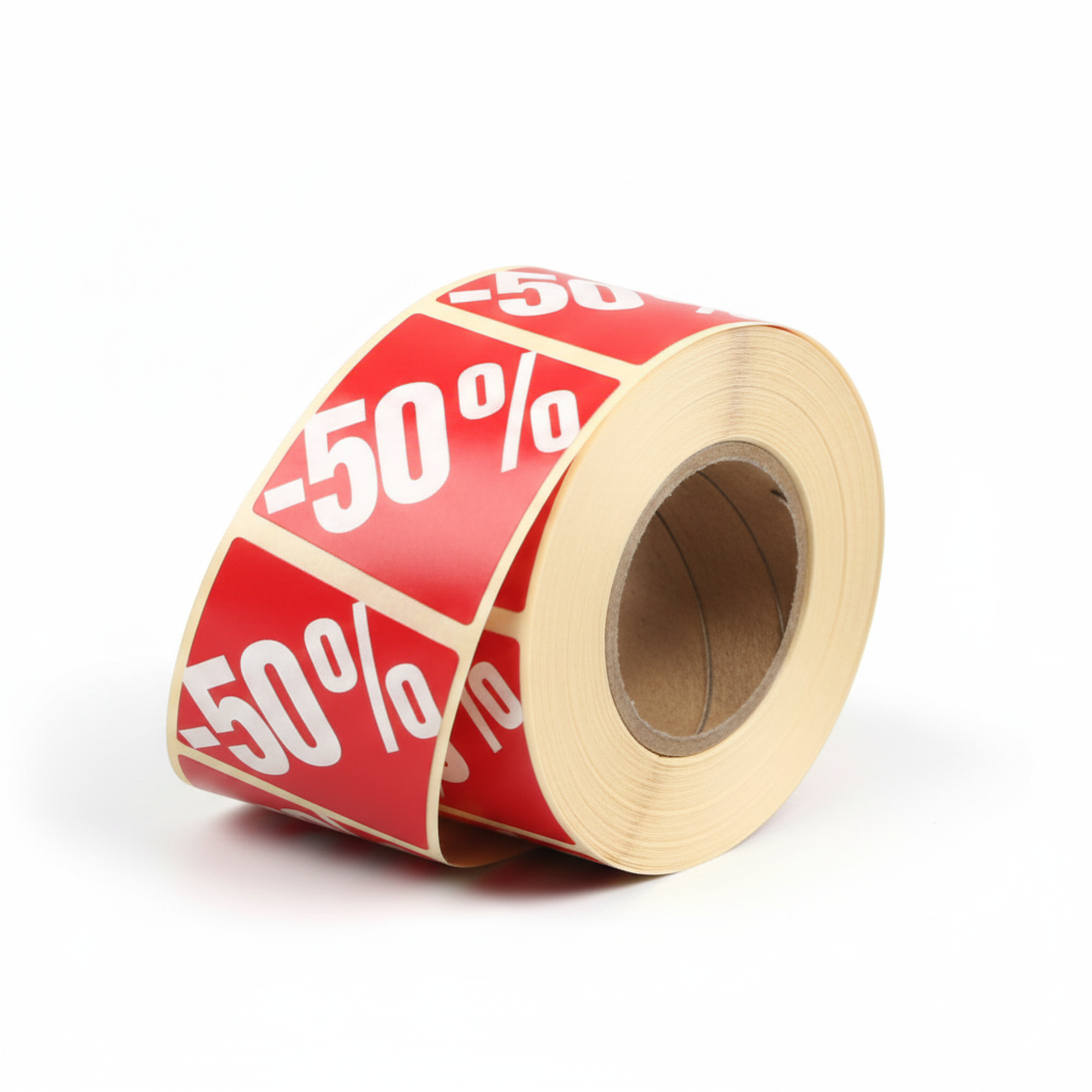 Reyðar etikettir m/ prosent - 500 stk. -50%