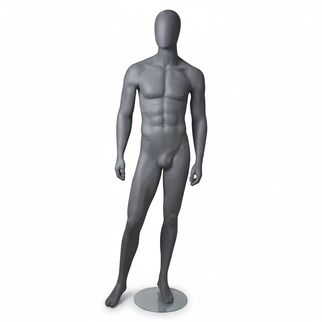 1600 Faceless herremannequin. Grá matt við Faceless høvuð. H184 cm. Metal føtipláta