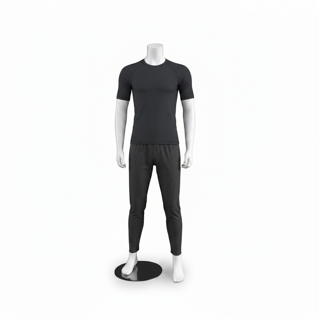 3000 manskapsmannekinn. Hvítur uttan høvud. Rundur metalfótur. H 175 cm. Model A, stendur við spjadd bein