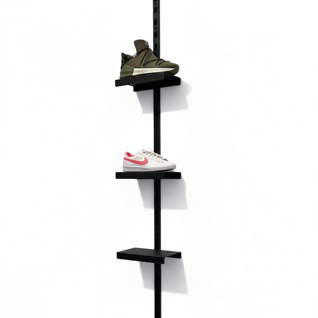 Skóframsýning – veggskinna í svart, H 240 cm við 5 skóahyllum