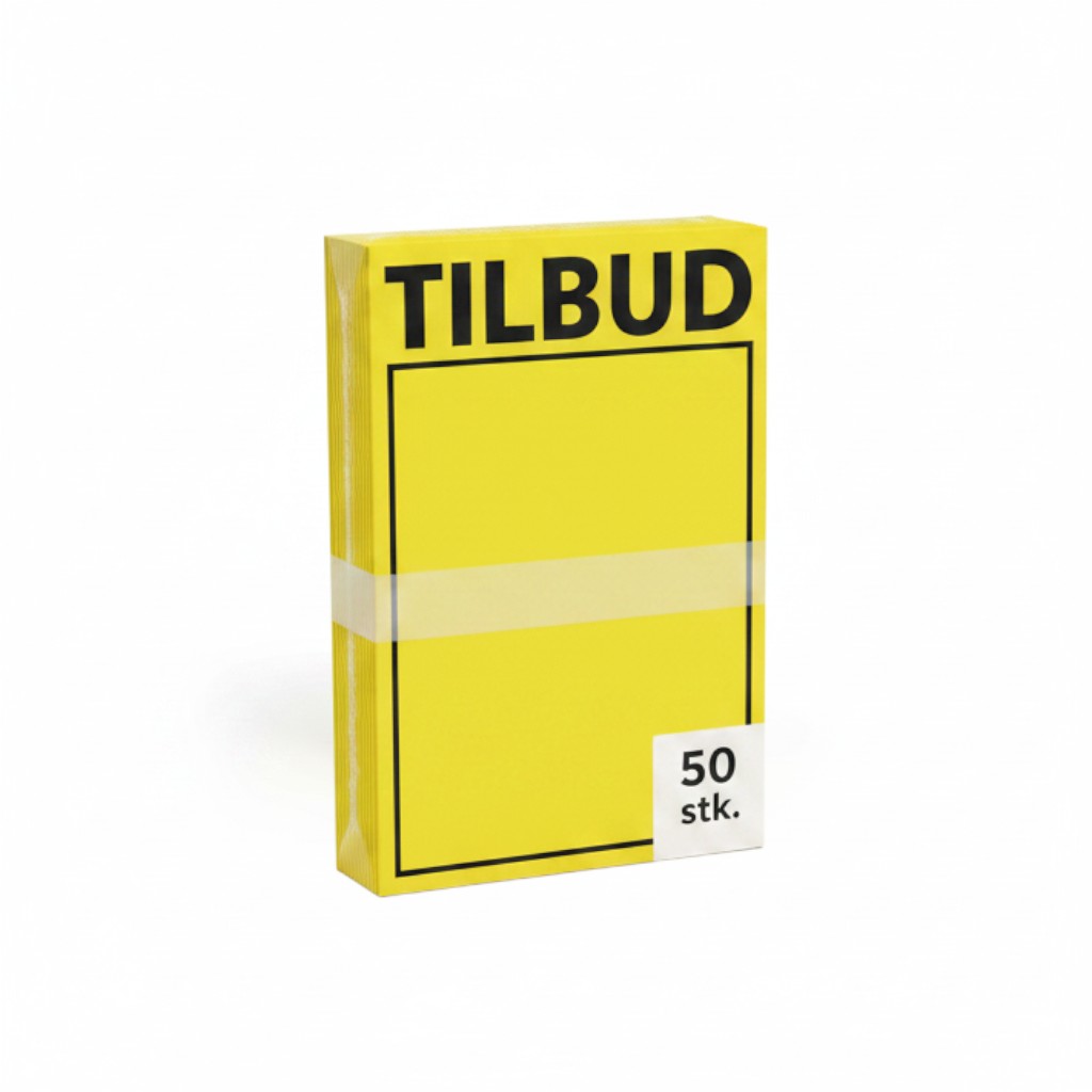 SuperSellerS A4 yellow cardboard sale signs with black Tilbud text, pack of 50 pieces for retail display.