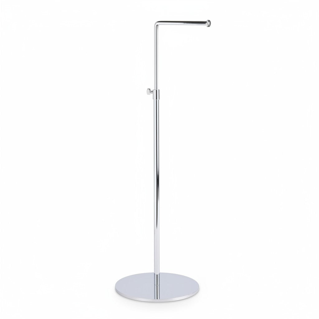 SuperSellerS stillanligur krom L-displaystandari við 15 cm armi og rundum fóti til framsýning av tilhoyri.