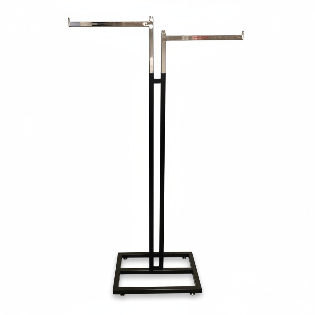 SuperSellerS adjustable black floor clothing rack with two straight chrome arms for displaying garments and bags