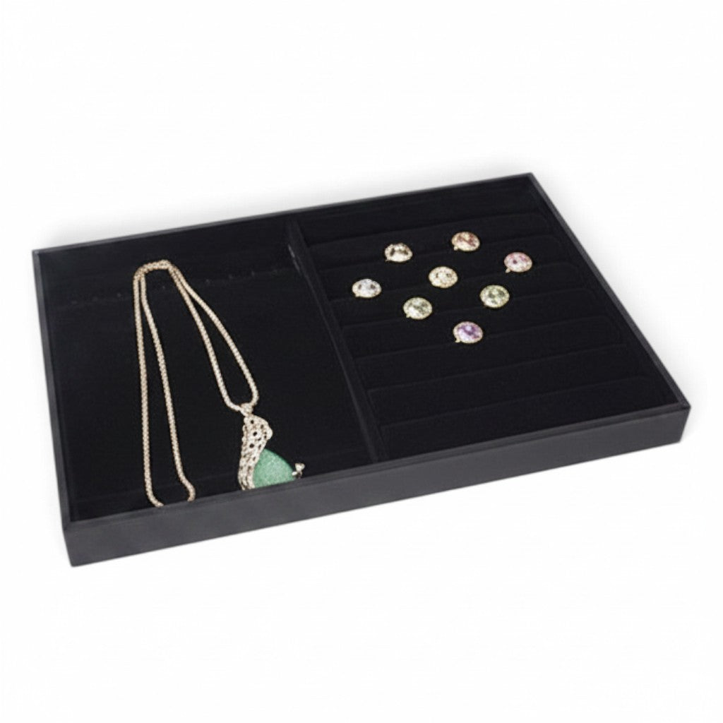 SuperSellerS black flock jewelry display tray with seven ring slots and ten necklace hooks for organized storage.