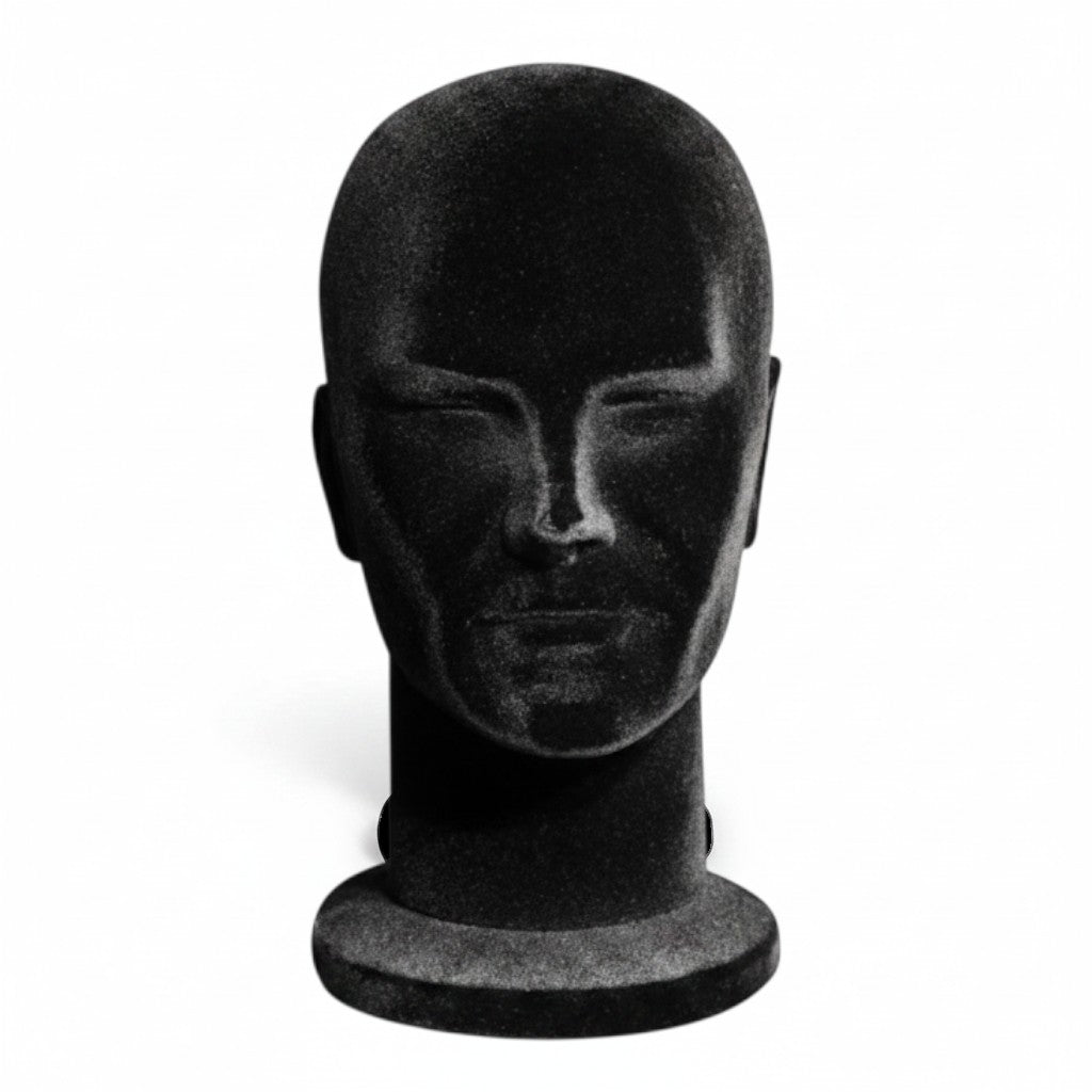 SuperSellerS black flocked male mannequin head for displaying hats and glasses on a white background