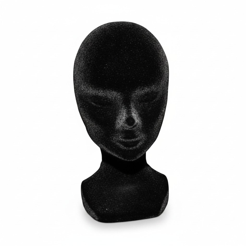 SuperSellerS black flocked female mannequin head for displaying hats and glasses, 29 cm tall.