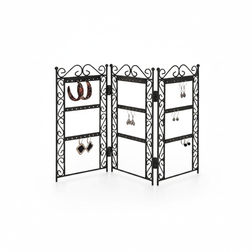 SuperSellerS black metal folding earring display stand with decorative scrollwork, holding multiple pairs of earrings